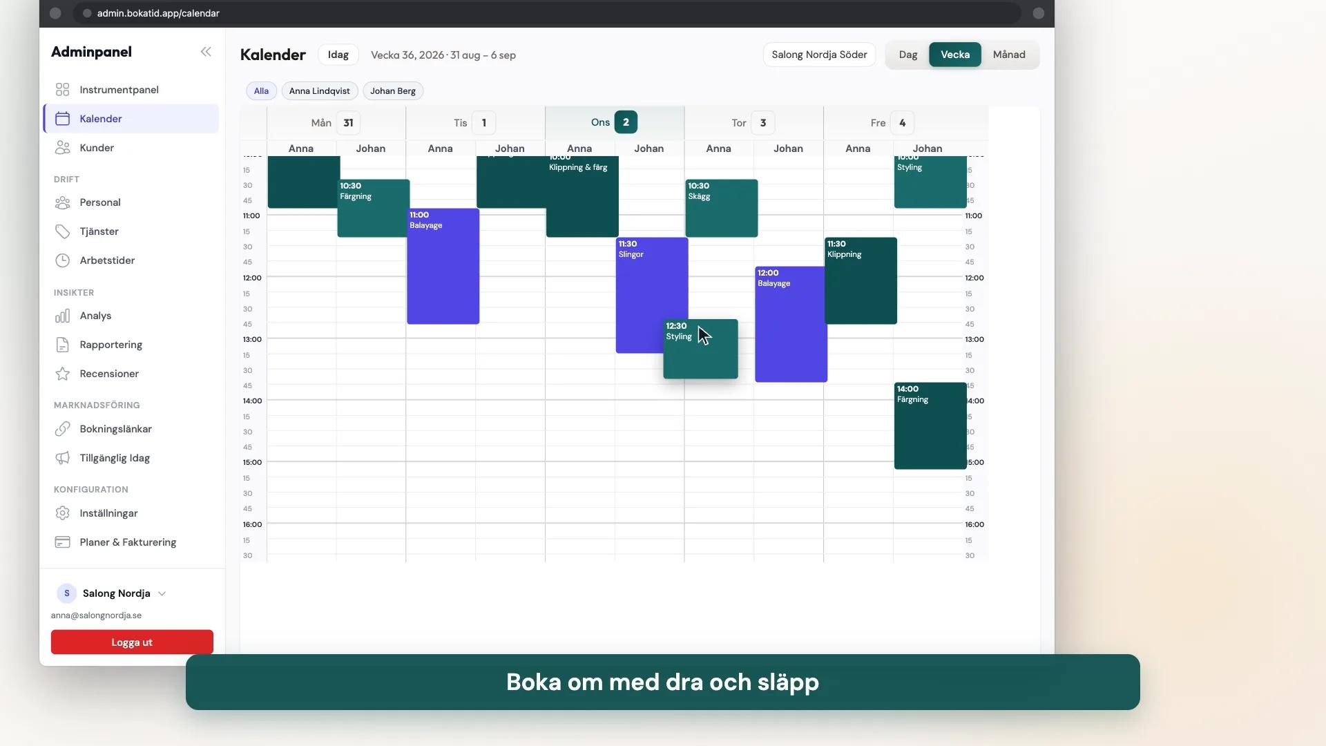 Bokatid-adminkalender som visar en hel veckas bokningar för ett team av medarbetare